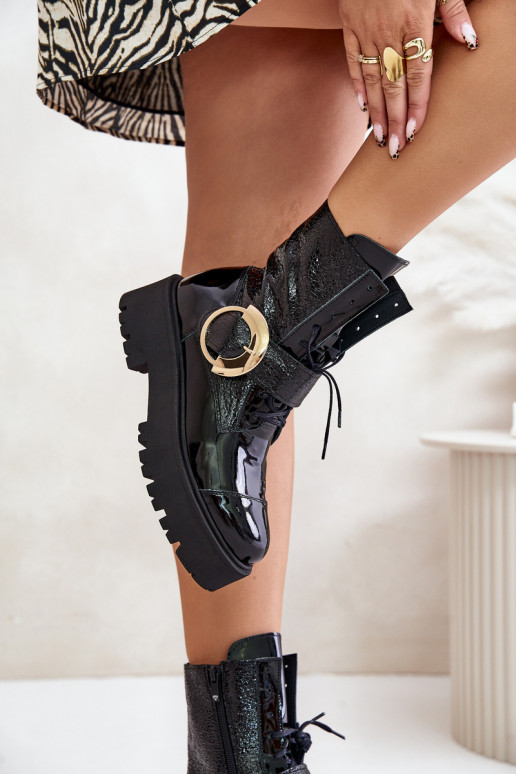 Zazoo 2942 Pelle Stivaletti da lavoro con fibbie dorate colore nero