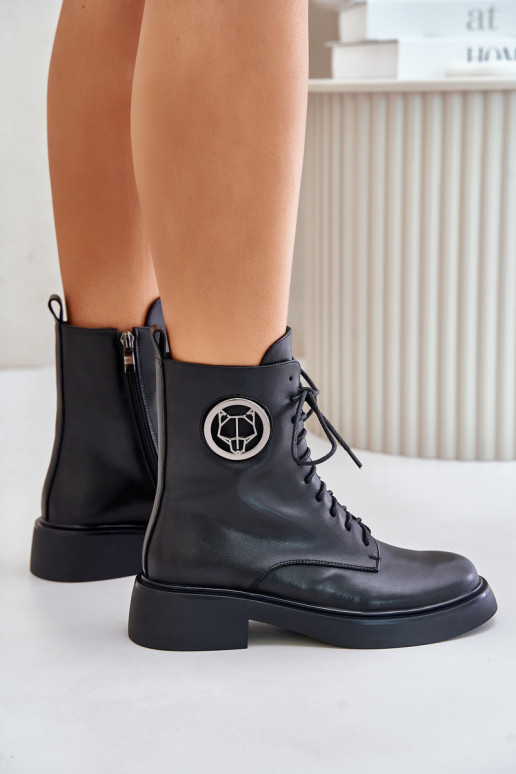 Pelle Caldi stivali stringati Al Castello con ornamenti colore nero Lorevine