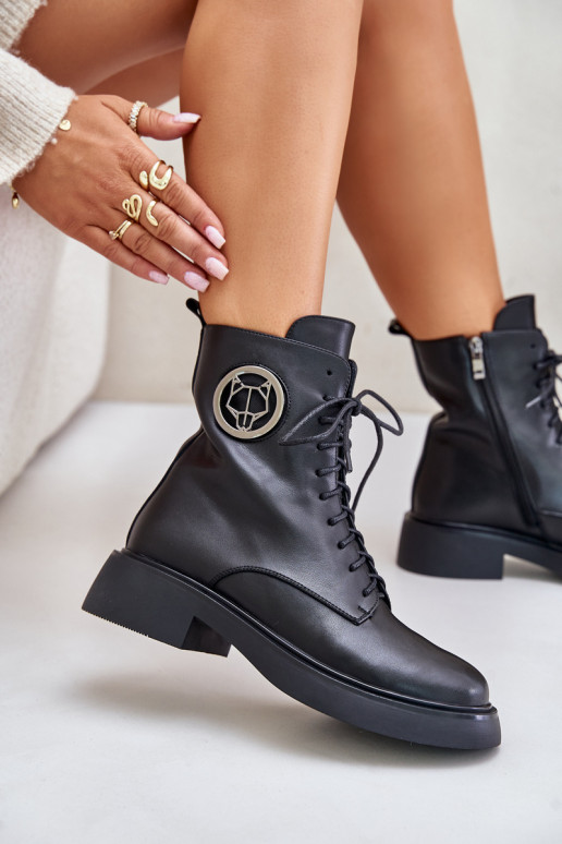 Pelle Caldi stivali stringati Al Castello con ornamenti colore nero Lorevine