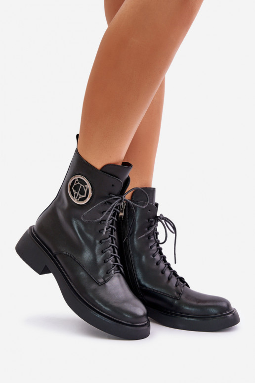 Pelle Caldi stivali stringati Al Castello con ornamenti colore nero Lorevine