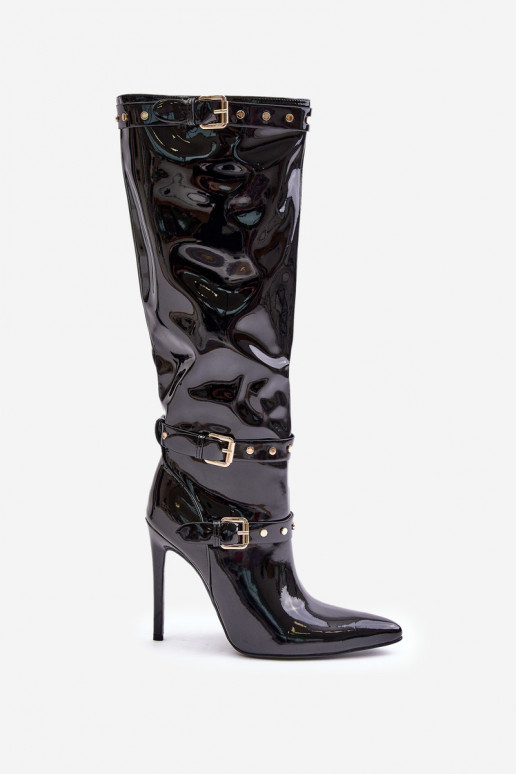 con effetto vernice stivali con tacchi sottili con fibbie colore nero Emiraethe con effetto vernice stivali con tacchi sottili con fibbie colore nero Emiraethe