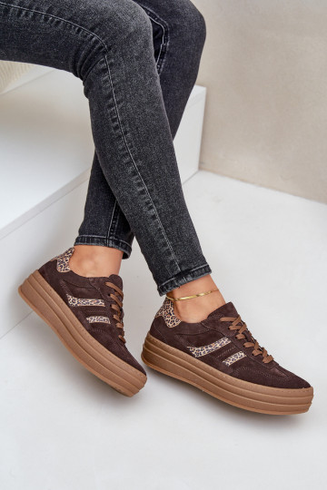 Stivali sportivi in suede con piattaforma e motivo in pelliccia di leopardo, color cioccolato