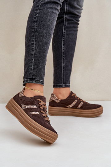 Stivali sportivi in suede con piattaforma e motivo in pelliccia di leopardo, color cioccolato 2