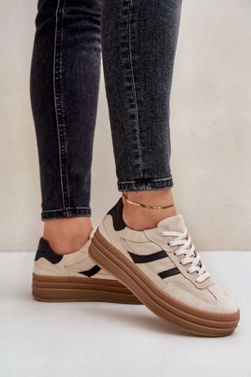 Stivali sportivi in suede con piattaforma, color sabbia