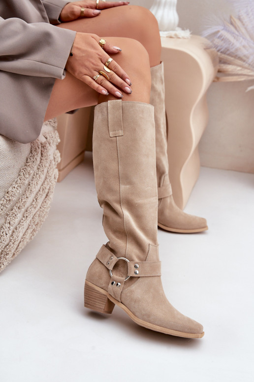 dalla pelle scamosciata stivali Con tacco basso con uno stivale Contro la strada Zazoo 3444/O colore avorio