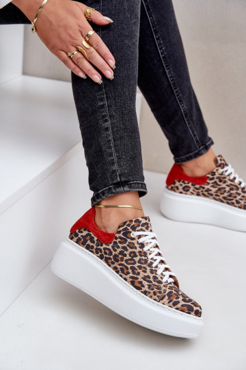 Pelle Scarpe modello sneakers con una piattaforma con motivi di pelliccia di leopardo Zazoo 3346 marrone-colore rosso