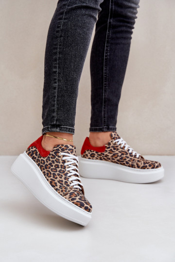 Pelle Scarpe modello sneakers con una piattaforma con motivi di pelliccia di leopardo Zazoo 3346 marrone-colore rosso 2