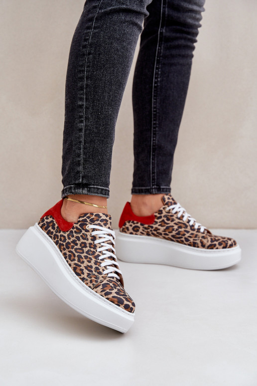 Pelle Scarpe modello sneakers con una piattaforma con motivi di pelliccia di leopardo Zazoo 3346 marrone-colore rosso Pelle Scarpe modello sneakers con una piattaforma con motivi di pelliccia di leopardo Zazoo 3346 marrone-colore rosso