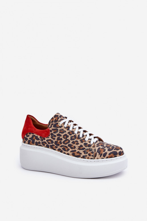 Pelle Scarpe modello sneakers con una piattaforma con motivi di pelliccia di leopardo Zazoo 3346 marrone-colore rosso Pelle Scarpe modello sneakers con una piattaforma con motivi di pelliccia di leopardo Zazoo 3346 marrone-colore rosso