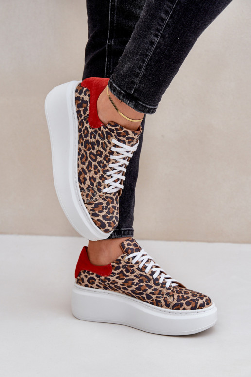 Pelle Scarpe modello sneakers con una piattaforma con motivi di pelliccia di leopardo Zazoo 3346 marrone-colore rosso Pelle Scarpe modello sneakers con una piattaforma con motivi di pelliccia di leopardo Zazoo 3346 marrone-colore rosso