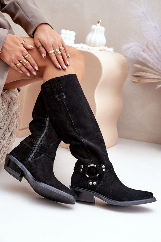 dalla pelle scamosciata stivali stile coAboy Con tacco basso con ornamenti Zazoo 3656 colore nero