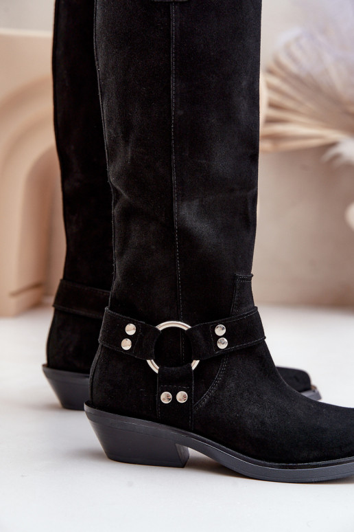 dalla pelle scamosciata stivali stile coAboy Con tacco basso con ornamenti Zazoo 3656 colore nero