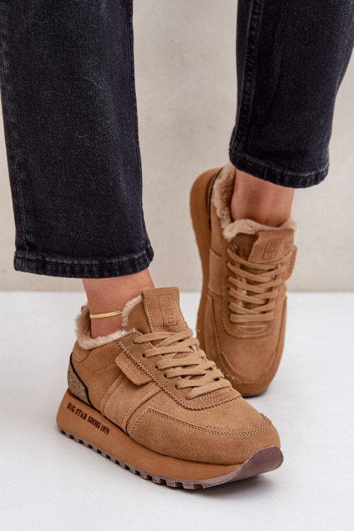 dalla pelle scamosciata Scarpe modello sneakers Femminile con una pelliccia I Błyszczącym Elemento Big Star OO274578 Hi-Poly Sys