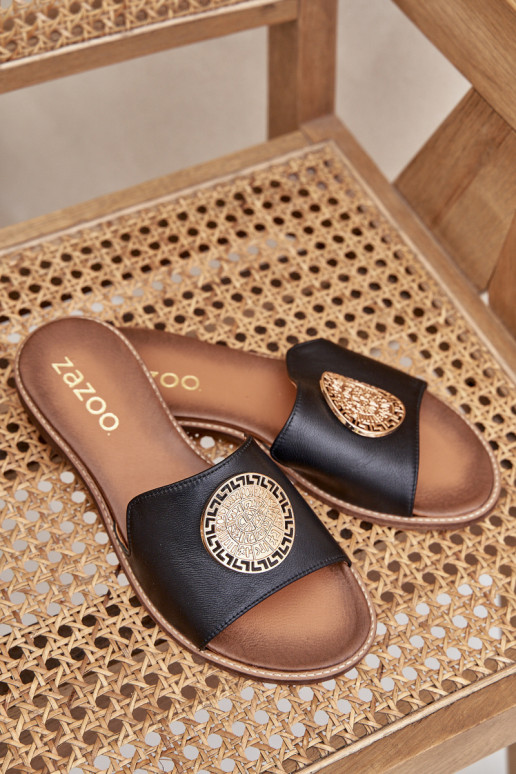 Pantofole in pelle con ornamenti con tacchi larghi Zazoo 3047/O colore nero Pantofole in pelle con ornamenti con tacchi larghi Zazoo 3047/O colore nero