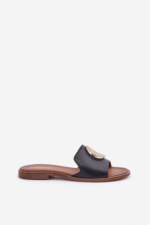 Pantofole in pelle con ornamenti con tacchi larghi Zazoo 3047/O colore nero Pantofole in pelle con ornamenti con tacchi larghi Zazoo 3047/O colore nero