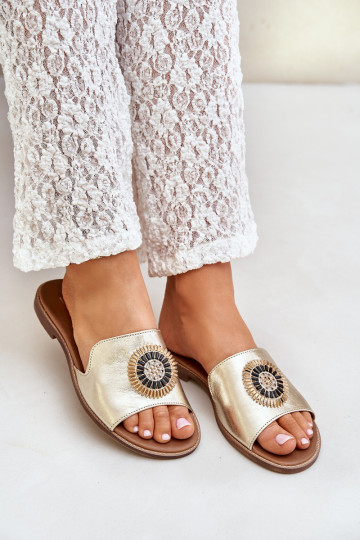 Pantofole in pelle con ornamenti e tacco largo Zazoo 3047/O color oro