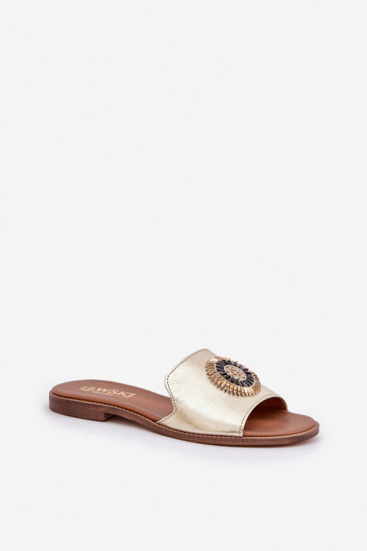 Pantofole in pelle con ornamenti con tacchi larghi Zazoo 3047/O colore dorato Pantofole in pelle con ornamenti con tacchi larghi Zazoo 3047/O colore dorato