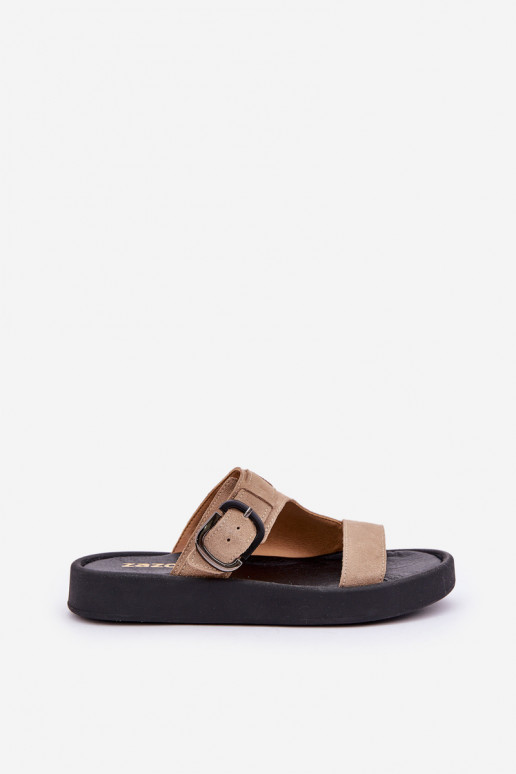 Pantofole da donna in pelle scamosciata con una piattaforma Zazoo 3024 beige Pantofole da donna in pelle scamosciata con una piattaforma Zazoo 3024 beige