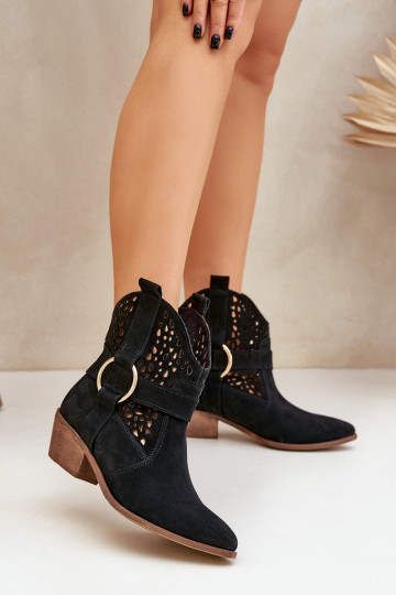 Stivali in suede in stile cowboy con dettagli traforati e tacco Zazoo 2994 color nero 2