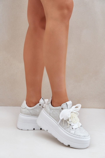 Scarpe sportive in pelle con plateau CheBello 4658 color argento