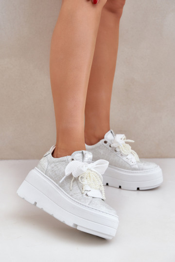 Scarpe sportive in pelle con plateau CheBello 4658 color argento 2