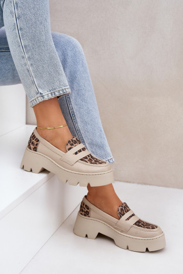 Pelle Mocassini con plateau da donna E tacchi piatti con motivi di pelliccia di leopardo Zazoo 20191 colore avorio