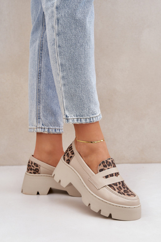 Pelle Mocassini con plateau da donna E tacchi piatti con motivi di pelliccia di leopardo Zazoo 20191 colore avorio