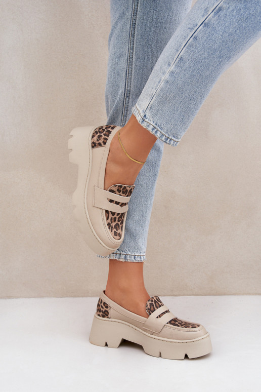 Pelle Mocassini con plateau da donna E tacchi piatti con motivi di pelliccia di leopardo Zazoo 20191 colore avorio