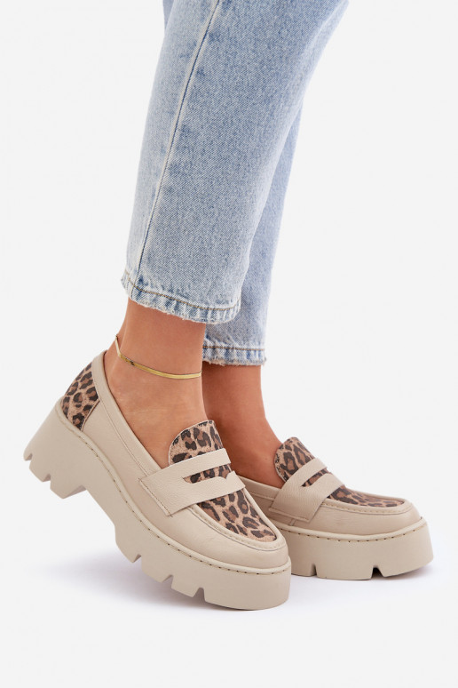Pelle Mocassini con plateau da donna E tacchi piatti con motivi di pelliccia di leopardo Zazoo 20191 colore avorio