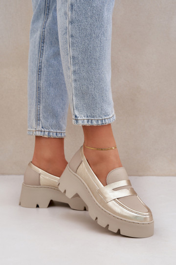 Pelle Mocassini con plateau da donna E tacchi piatti Zazoo 20191 colore dorato