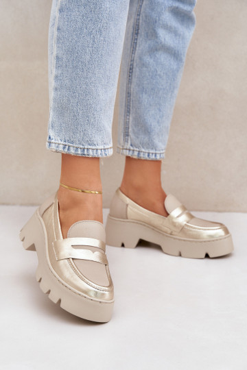 Mocassini in pelle per donna con plateau Zazoo 20191 color oro 2
