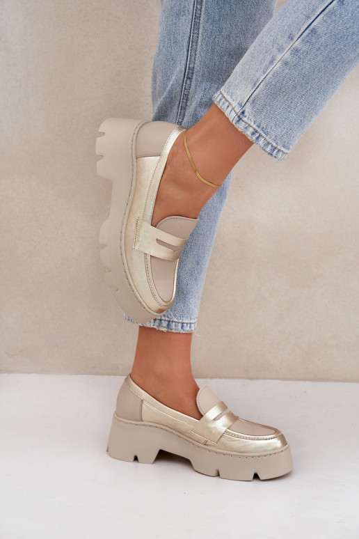 Pelle Mocassini con plateau da donna E tacchi piatti Zazoo 20191 colore dorato