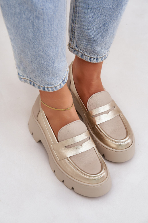 Pelle Mocassini con plateau da donna E tacchi piatti Zazoo 20191 colore dorato