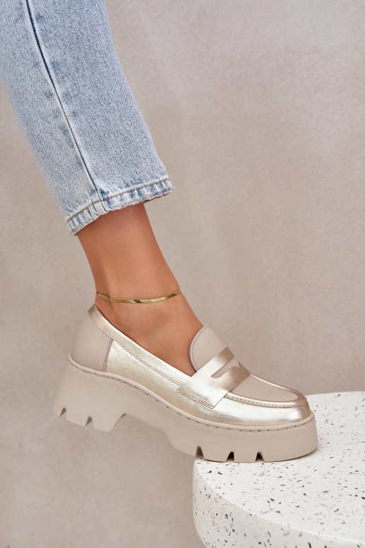 Pelle Mocassini con plateau da donna E tacchi piatti Zazoo 20191 colore dorato