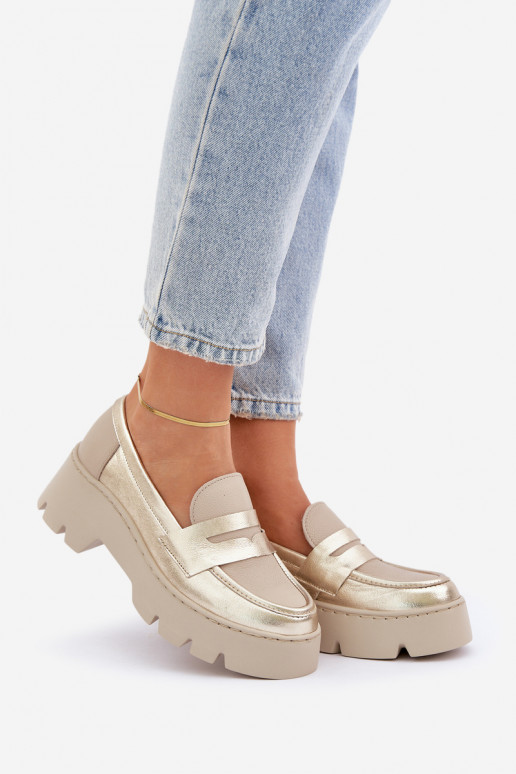 Pelle Mocassini con plateau da donna E tacchi piatti Zazoo 20191 colore dorato