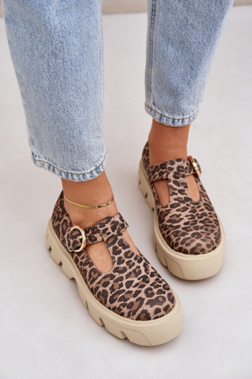 dalla pelle scamosciata scarpe con fibbie con motivi di pelliccia di leopardo Zazoo 20183 colore marrone