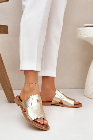 Stile elegante Pantofole Realizzato in pelle naturale con tacchi larghi Zazoo 40423 colore dorato