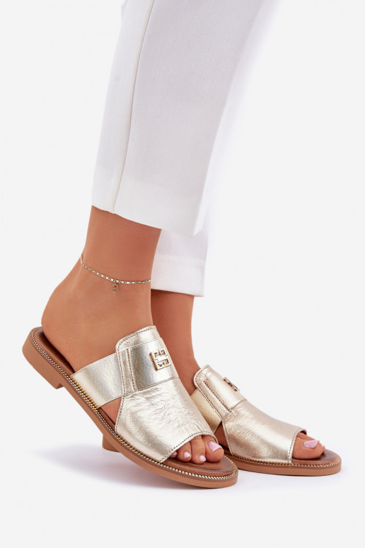 Stile elegante Pantofole Realizzato in pelle naturale con tacchi larghi Zazoo 40423 colore dorato Stile elegante Pantofole Realizzato in pelle naturale con tacchi larghi Zazoo 40423 colore dorato