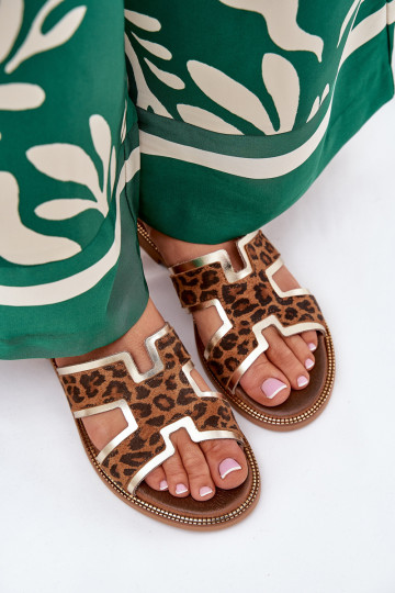 Ciabatte in pelle con motivo in pelliccia di leopardo Zazoo 40383 color marrone