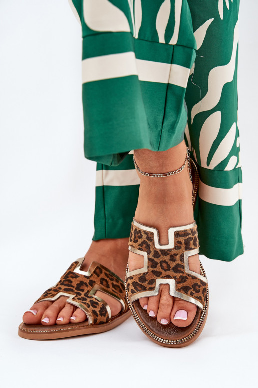 Pelle isoscele Pantofole con motivi di pelliccia di leopardo Zazoo 40383 colore marrone Pelle isoscele Pantofole con motivi di pelliccia di leopardo Zazoo 40383 colore marrone