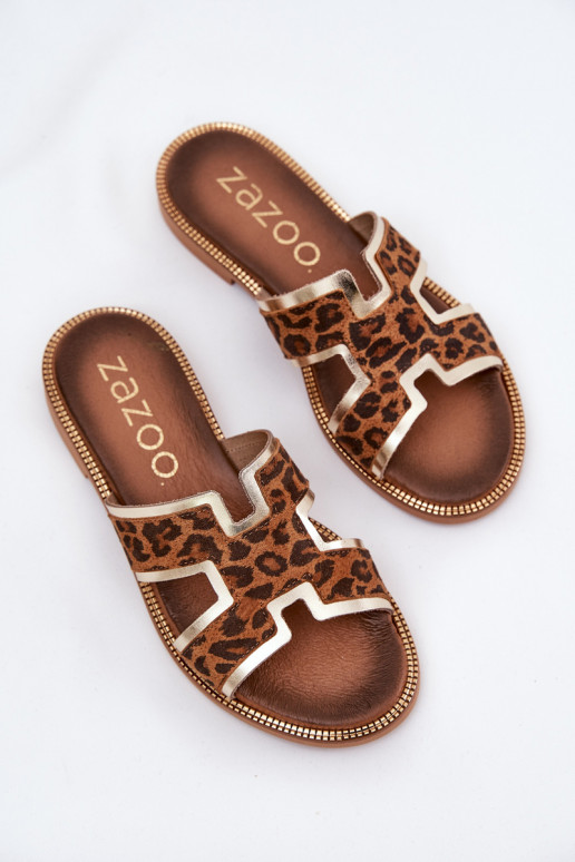 Pelle isoscele Pantofole con motivi di pelliccia di leopardo Zazoo 40383 colore marrone Pelle isoscele Pantofole con motivi di pelliccia di leopardo Zazoo 40383 colore marrone