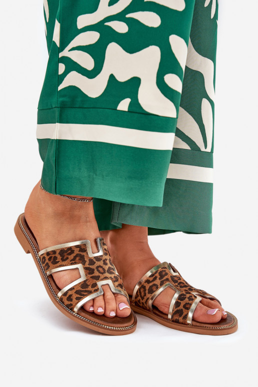 Pelle isoscele Pantofole con motivi di pelliccia di leopardo Zazoo 40383 colore marrone Pelle isoscele Pantofole con motivi di pelliccia di leopardo Zazoo 40383 colore marrone