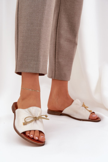 Ciabatte eleganti in pelle con fiocchi Leįskis 3572 color oro opaco 2