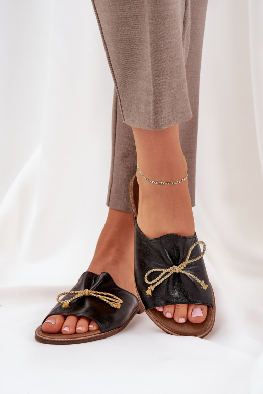 Pelle isoscele Stile elegante Pantofole con nastri LeAski 3572 colore nero Pelle isoscele Stile elegante Pantofole con nastri LeAski 3572 colore nero