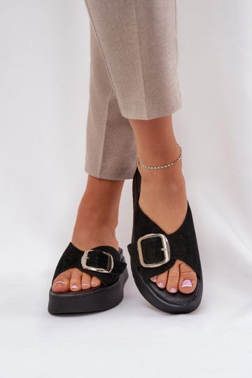 Pantofole da donna in pelle scamosciata con fibbie con una piattaforma Zazoo 3019 colore nero 2