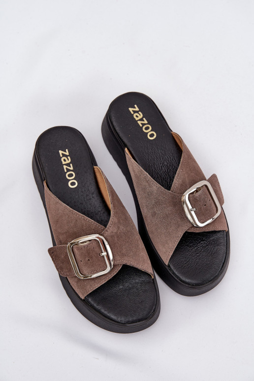 Pantofole da donna in pelle scamosciata con fibbie con una piattaforma Zazoo 3019 colore marrone Pantofole da donna in pelle scamosciata con fibbie con una piattaforma Zazoo 3019 colore marrone