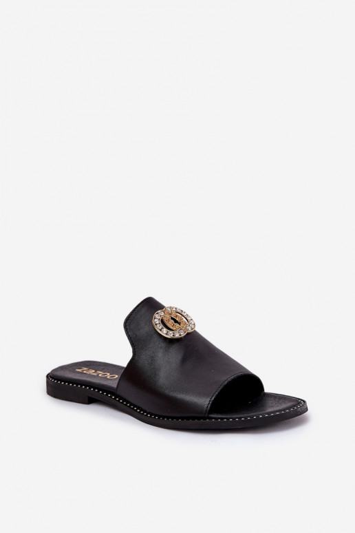 Stile elegante Pantofole in pelle Femminile con ornamenti Zazoo 3008 colore nero Stile elegante Pantofole in pelle Femminile con ornamenti Zazoo 3008 colore nero