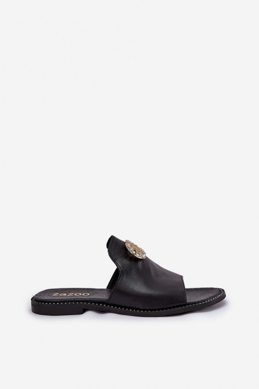 Stile elegante Pantofole in pelle Femminile con ornamenti Zazoo 3008 colore nero Stile elegante Pantofole in pelle Femminile con ornamenti Zazoo 3008 colore nero