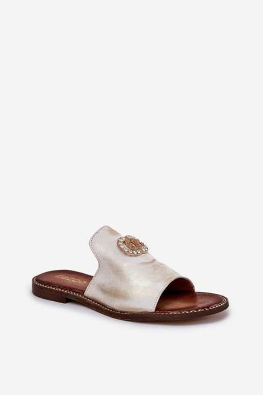 Stile elegante Pantofole in pelle Femminile con ornamenti Zazoo 3008 colore dorato Przecierany Stile elegante Pantofole in pelle Femminile con ornamenti Zazoo 3008 colore dorato Przecierany