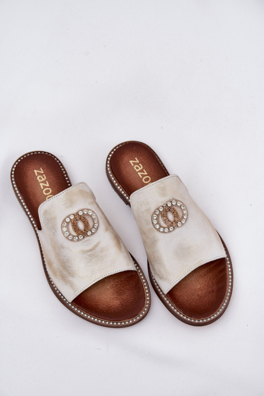 Stile elegante Pantofole in pelle Femminile con ornamenti Zazoo 3008 colore dorato Przecierany Stile elegante Pantofole in pelle Femminile con ornamenti Zazoo 3008 colore dorato Przecierany